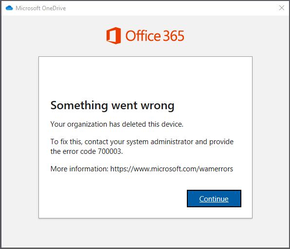 Microsoft 365 error 700003 device deleted